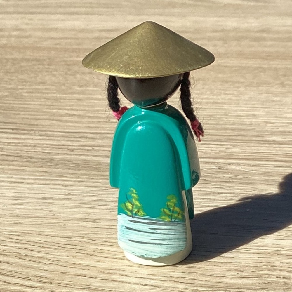 Vintage Charming Doll Figurine with Conical Hat & Teal Robe Hand Painted Accent - Picture 2 of 7